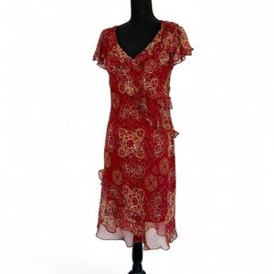 Vintage 90s y2k Red Paisley Mesh V-neck Flutter Sleeve Midi Dress Size 13/14